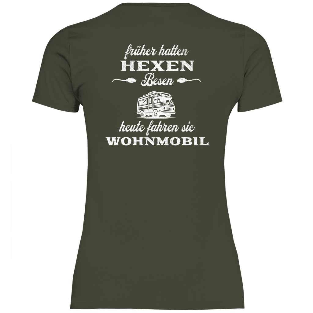 Früher hatten Hexen Besen. Heute fahren sie Wohnmobil - Backprint Frauen Shirt