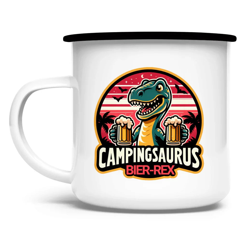 Campingsaurus Bier - Rex - Emaille Tasse - Campingfamilie.de