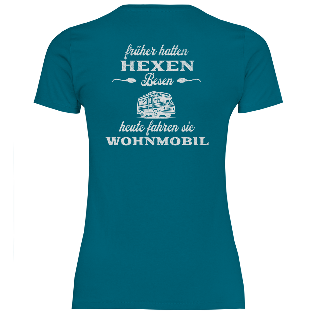 Früher hatten Hexen Besen. Heute fahren sie Wohnmobil - Backprint Frauen Shirt