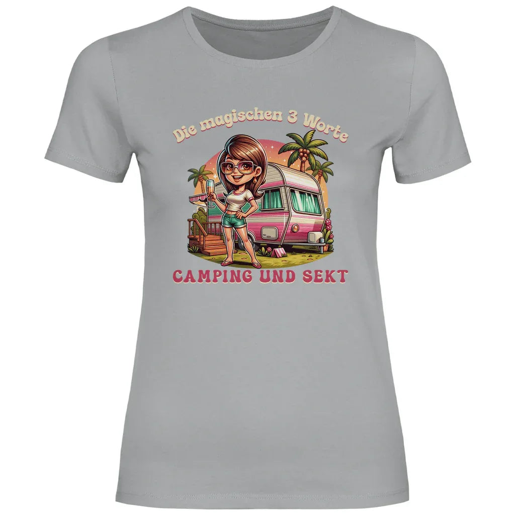 Die magischen 3 Worte: Camping & Sekt - Frauen Shirt - Campingfamilie.de