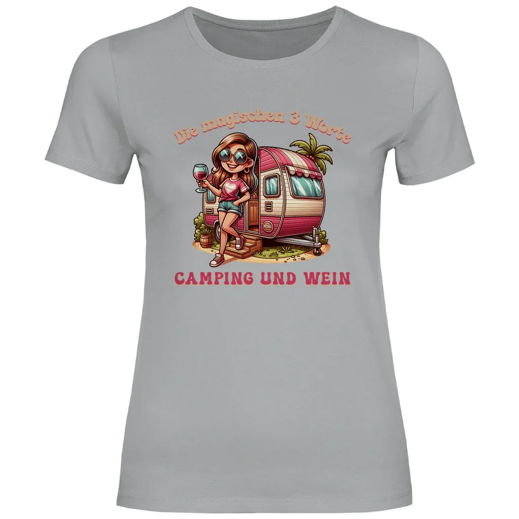 Die magischen 3 Worte: Camping & Wein - Frauen Shirt - Campingfamilie.de
