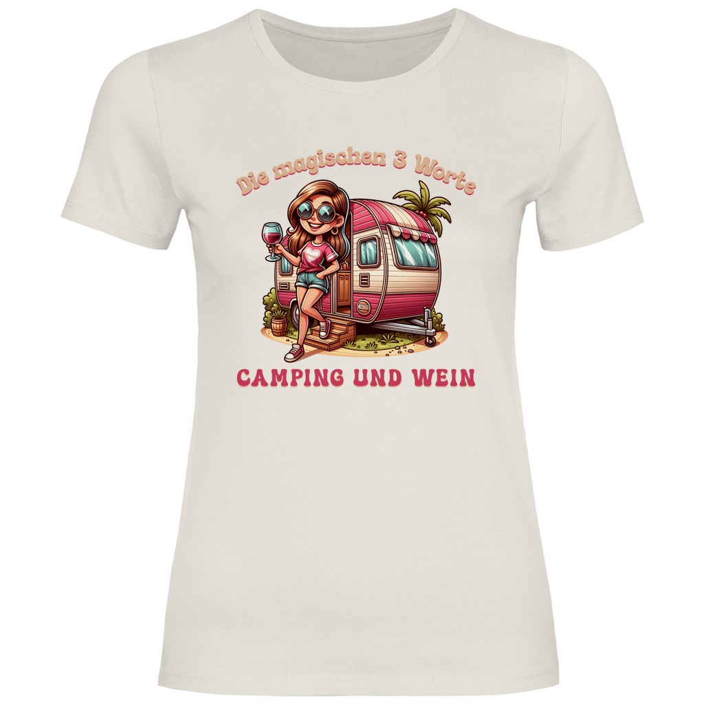 Die magischen 3 Worte: Camping & Wein - Frauen Shirt - Campingfamilie.de