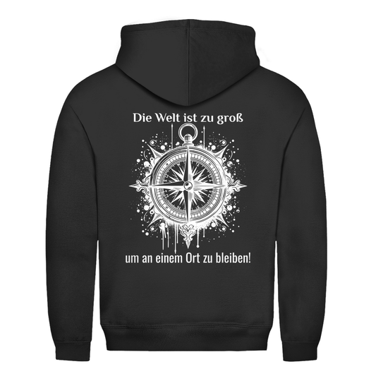Die Welt ist zu groß, um an einem Ort zu bleiben! - Backprint Männer Hoodie - Campingfamilie.de