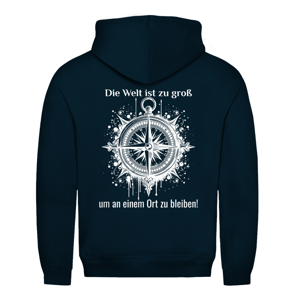 Die Welt ist zu groß, um an einem Ort zu bleiben! - Backprint Männer Hoodie - Campingfamilie.de