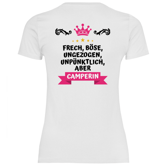 Freche Camperin - Backprint Frauen Shirt - Campingfamilie.de