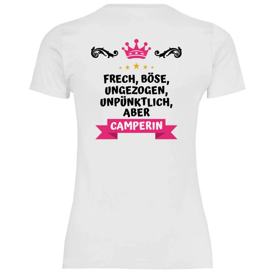 Freche Camperin - Backprint Frauen Shirt - Campingfamilie.de