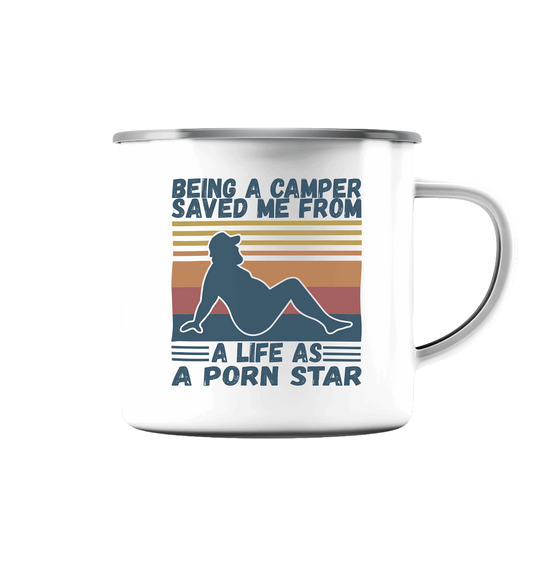 Being A Camper Saved Me From A Life As A Porn Star - Emaille Tasse (Silber)