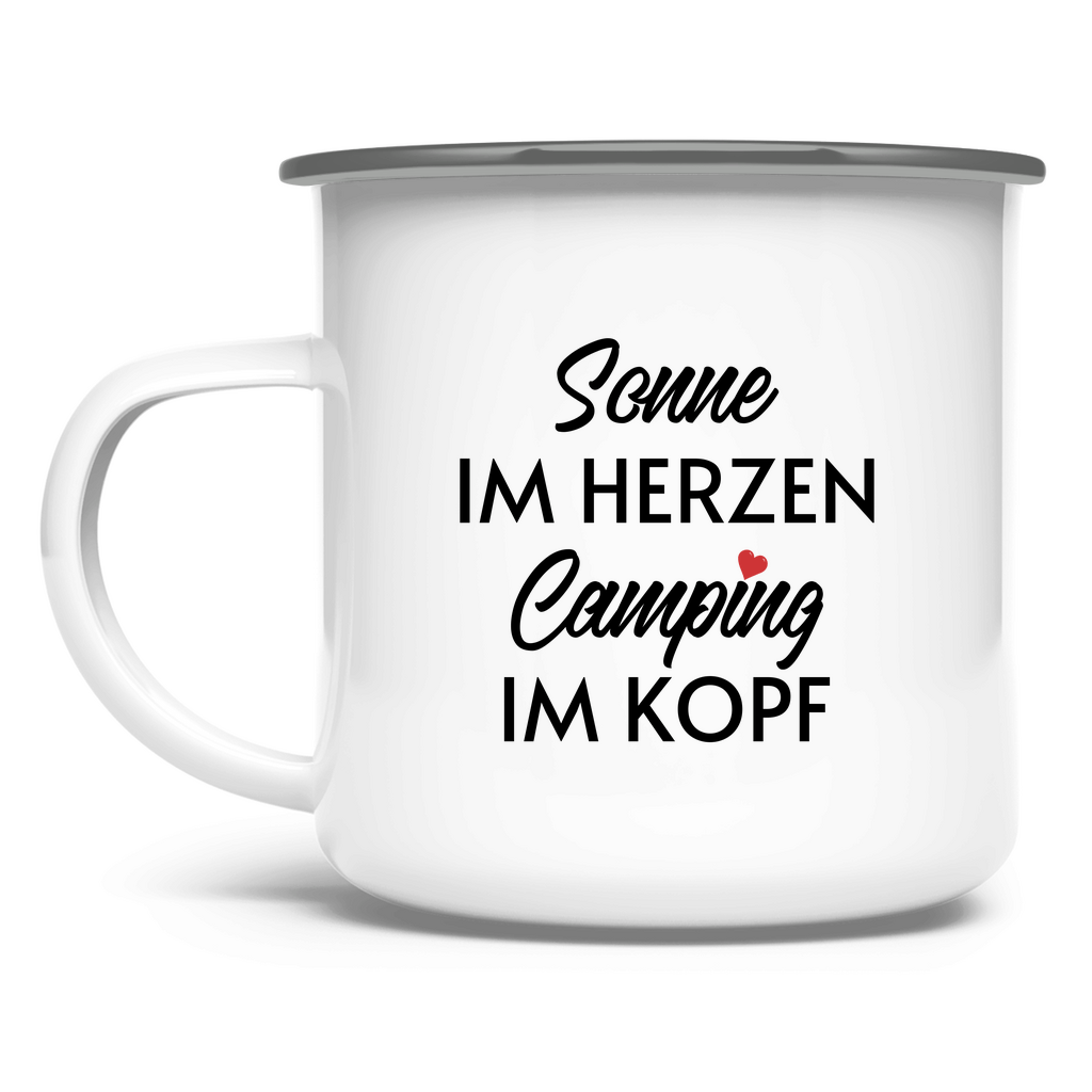 Sonne im Herzen Camping im Kopf - Emaille Tasse - Campingfamilie.de