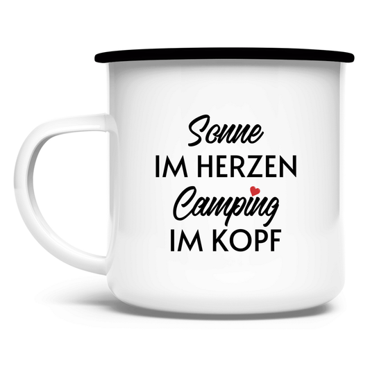 Sonne im Herzen Camping im Kopf - Emaille Tasse - Campingfamilie.de