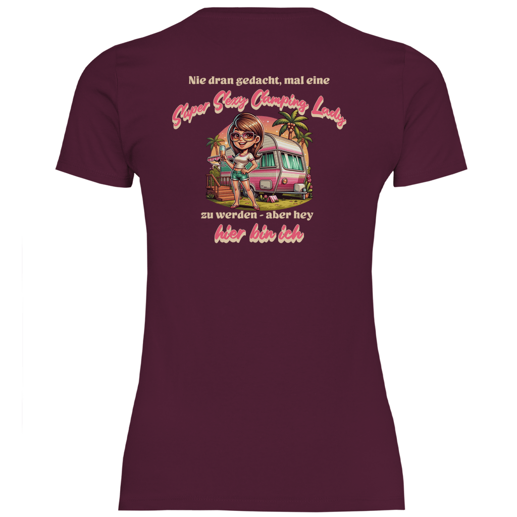 Super Sexy Camping Lady (Sekt) - Backprint Frauen Shirt - Campingfamilie.de