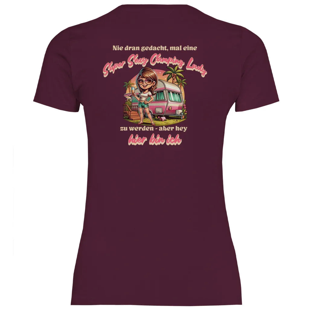 Super Sexy Camping Lady (Sekt) - Backprint Frauen Shirt - Campingfamilie.de
