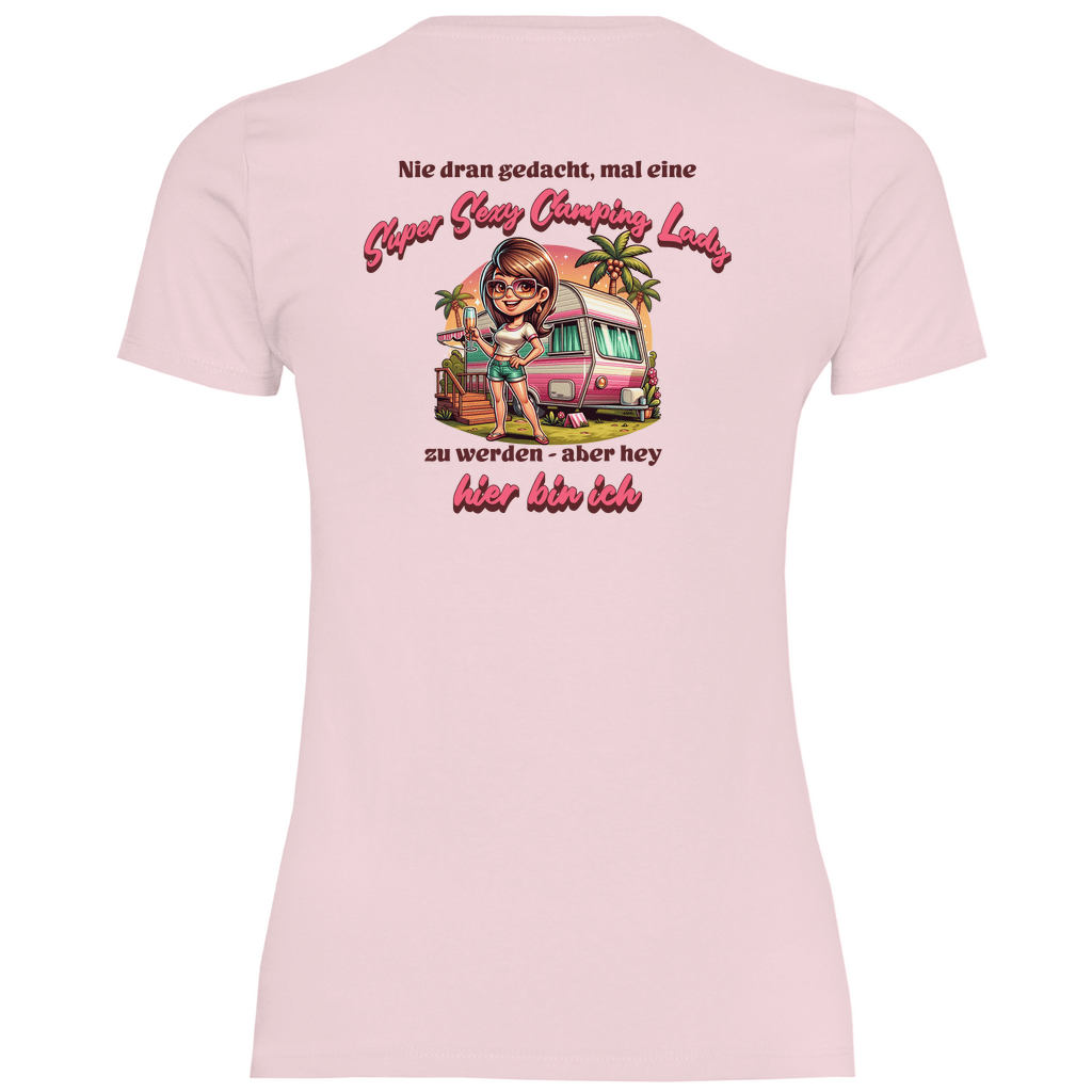 Super Sexy Camping Lady (Sekt) - Backprint Frauen Shirt - Campingfamilie.de