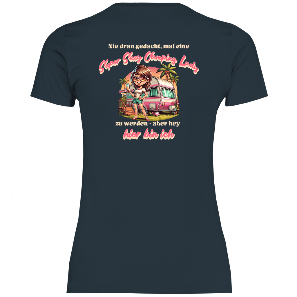Super Sexy Camping Lady (Sekt) - Backprint Frauen Shirt - Campingfamilie.de