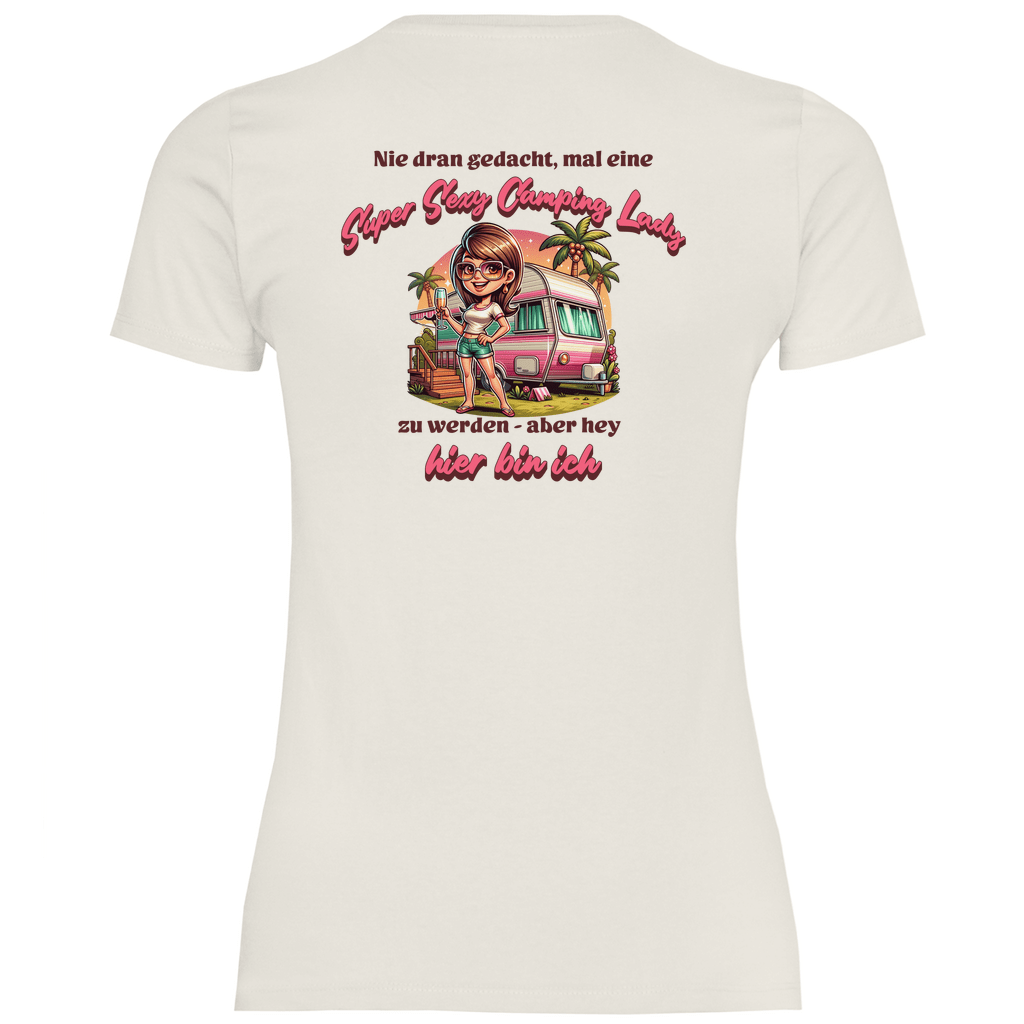 Super Sexy Camping Lady (Sekt) - Backprint Frauen Shirt - Campingfamilie.de