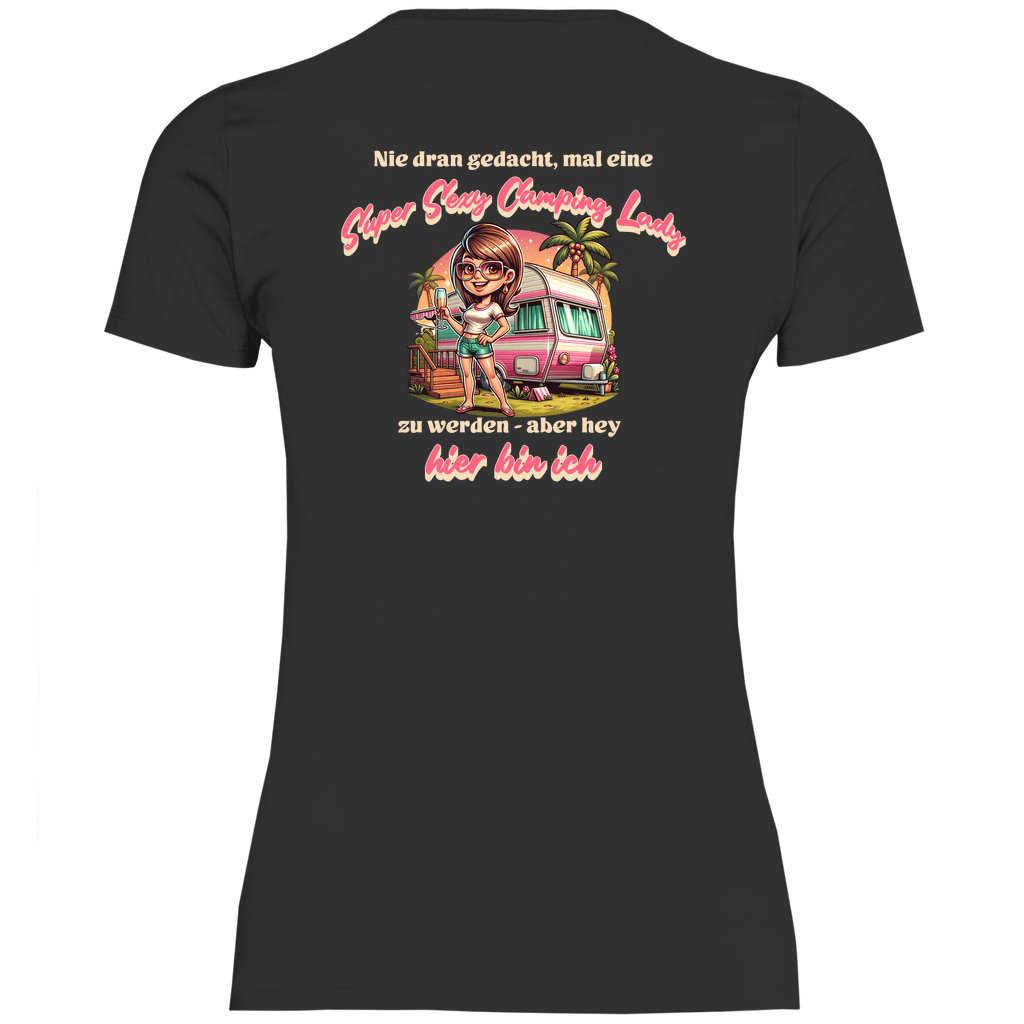 Super Sexy Camping Lady (Sekt) - Backprint Frauen Shirt - Campingfamilie.de