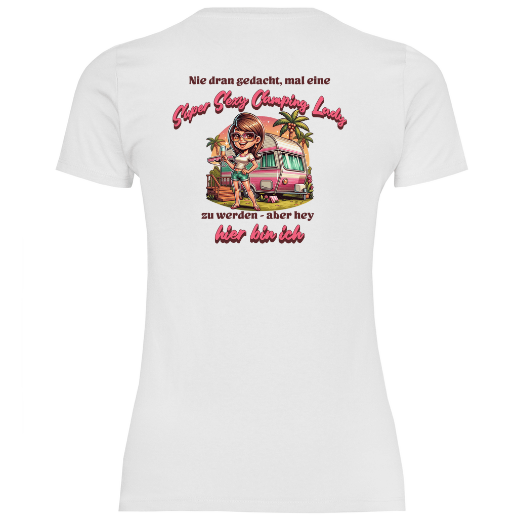 Super Sexy Camping Lady (Sekt) - Backprint Frauen Shirt - Campingfamilie.de
