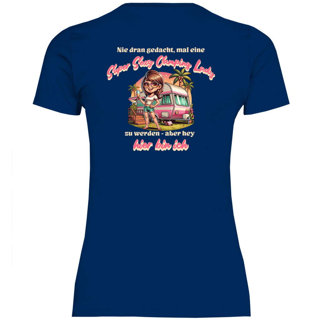 Super Sexy Camping Lady (Sekt) - Backprint Frauen Shirt - Campingfamilie.de