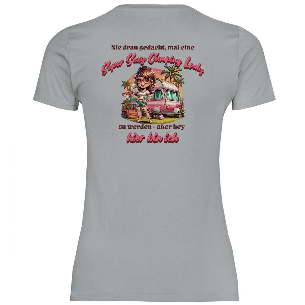 Super Sexy Camping Lady (Sekt) - Backprint Frauen Shirt - Campingfamilie.de