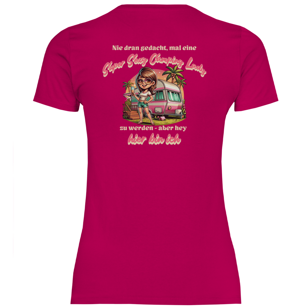 Super Sexy Camping Lady (Sekt) - Backprint Frauen Shirt - Campingfamilie.de