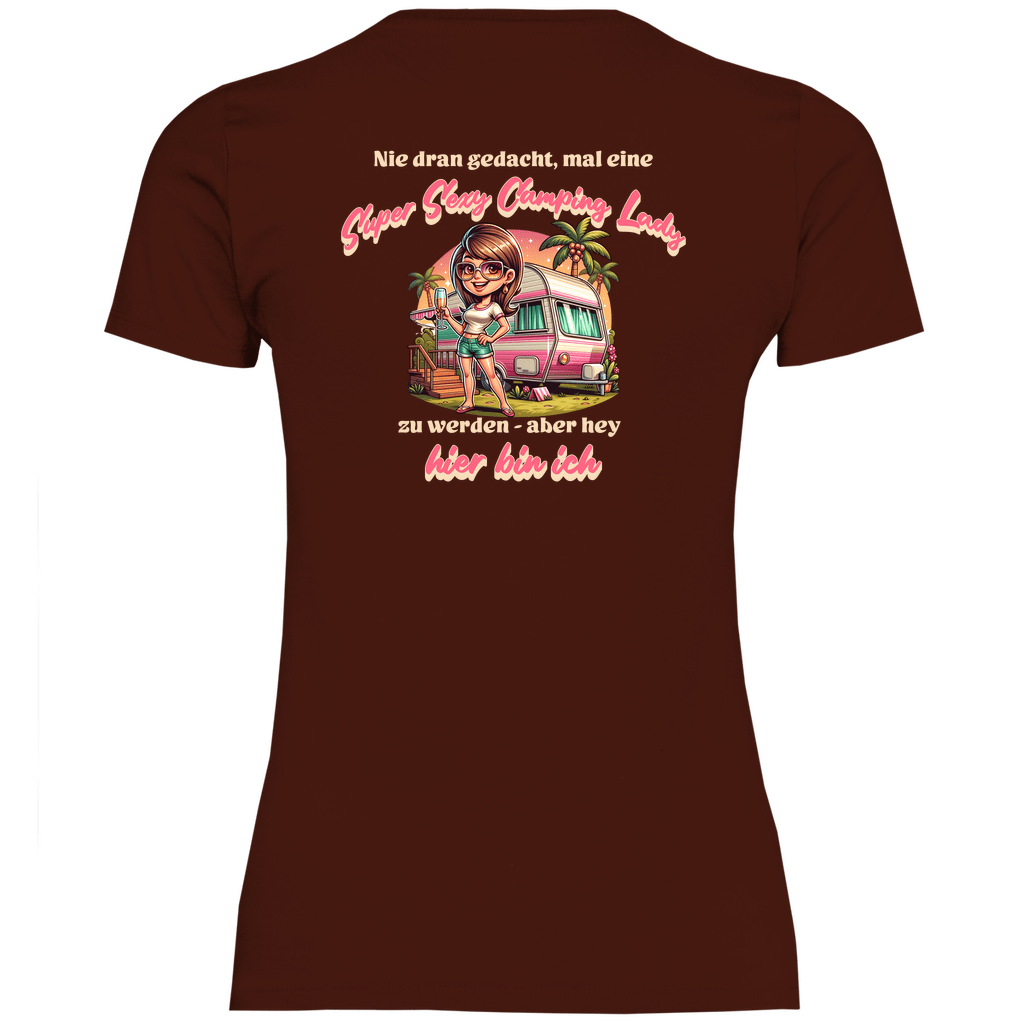 Super Sexy Camping Lady (Sekt) - Backprint Frauen Shirt - Campingfamilie.de