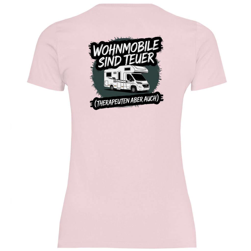 Wohnmobile sind teuer – Therapeuten aber auch! - Backprint Frauen Shirt - Campingfamilie.de