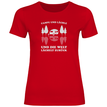Campe und lächle - Frauen Shirt - Campingfamilie.de