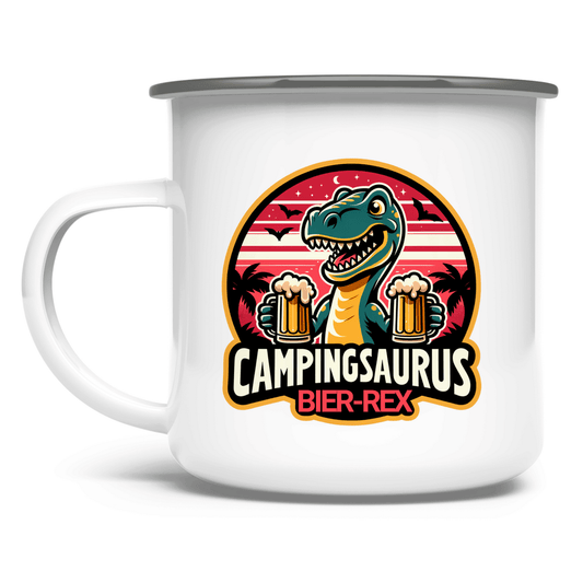Campingsaurus Bier - Rex - Emaille Tasse - Campingfamilie.de