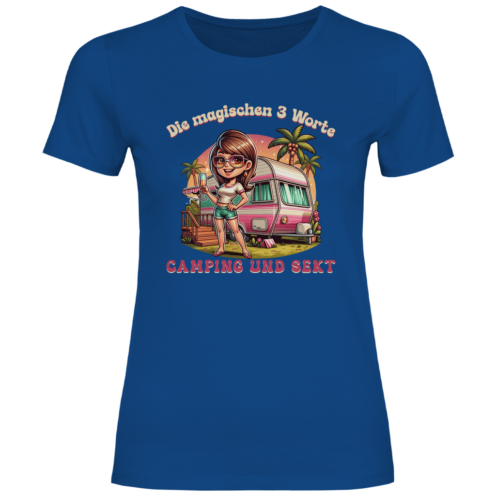 Die magischen 3 Worte: Camping & Sekt - Frauen Shirt - Campingfamilie.de