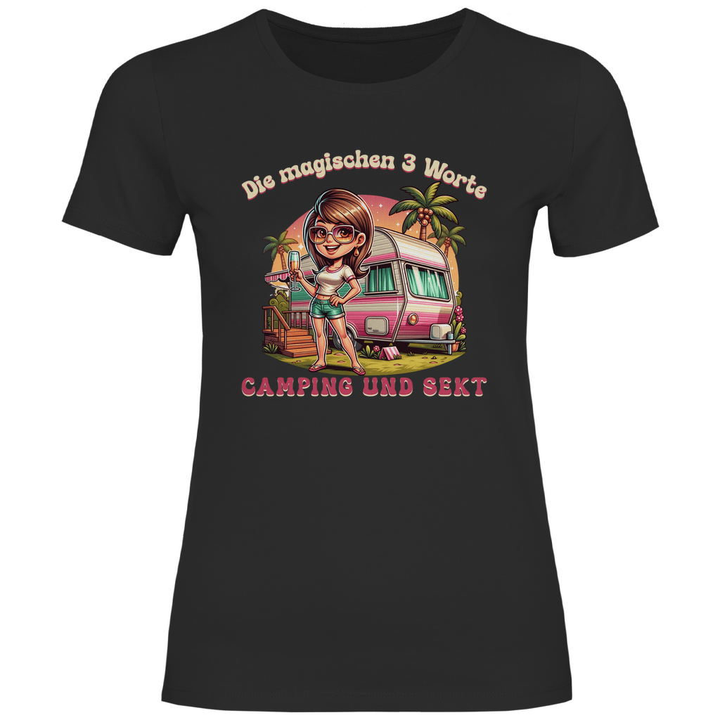 Die magischen 3 Worte: Camping & Sekt - Frauen Shirt - Campingfamilie.de