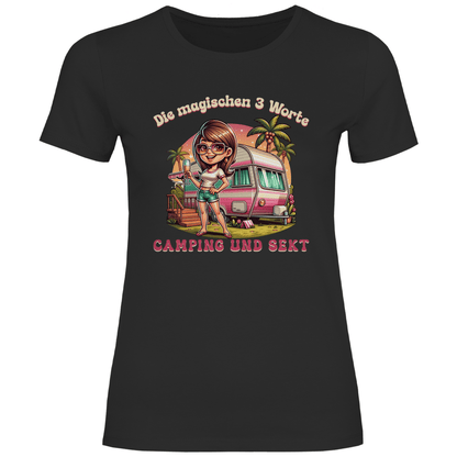 Die magischen 3 Worte: Camping & Sekt - Frauen Shirt - Campingfamilie.de