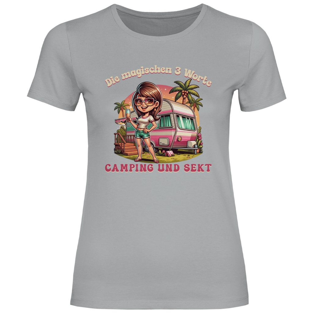 Die magischen 3 Worte: Camping & Sekt - Frauen Shirt - Campingfamilie.de