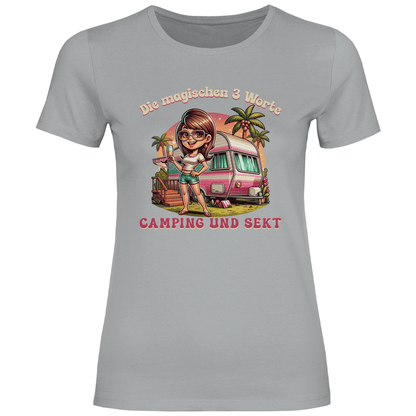 Die magischen 3 Worte: Camping & Sekt - Frauen Shirt - Campingfamilie.de