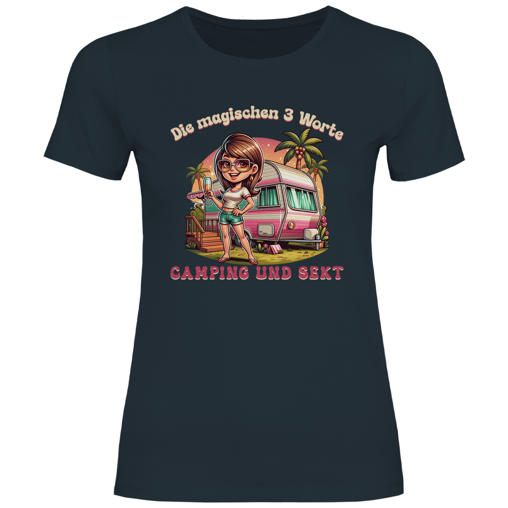 Die magischen 3 Worte: Camping & Sekt - Frauen Shirt - Campingfamilie.de