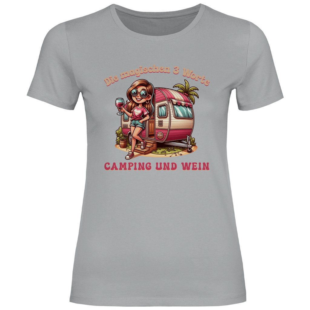 Die magischen 3 Worte: Camping & Wein - Frauen Shirt - Campingfamilie.de