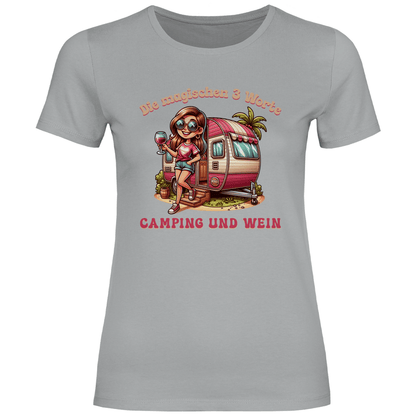 Die magischen 3 Worte: Camping & Wein - Frauen Shirt - Campingfamilie.de