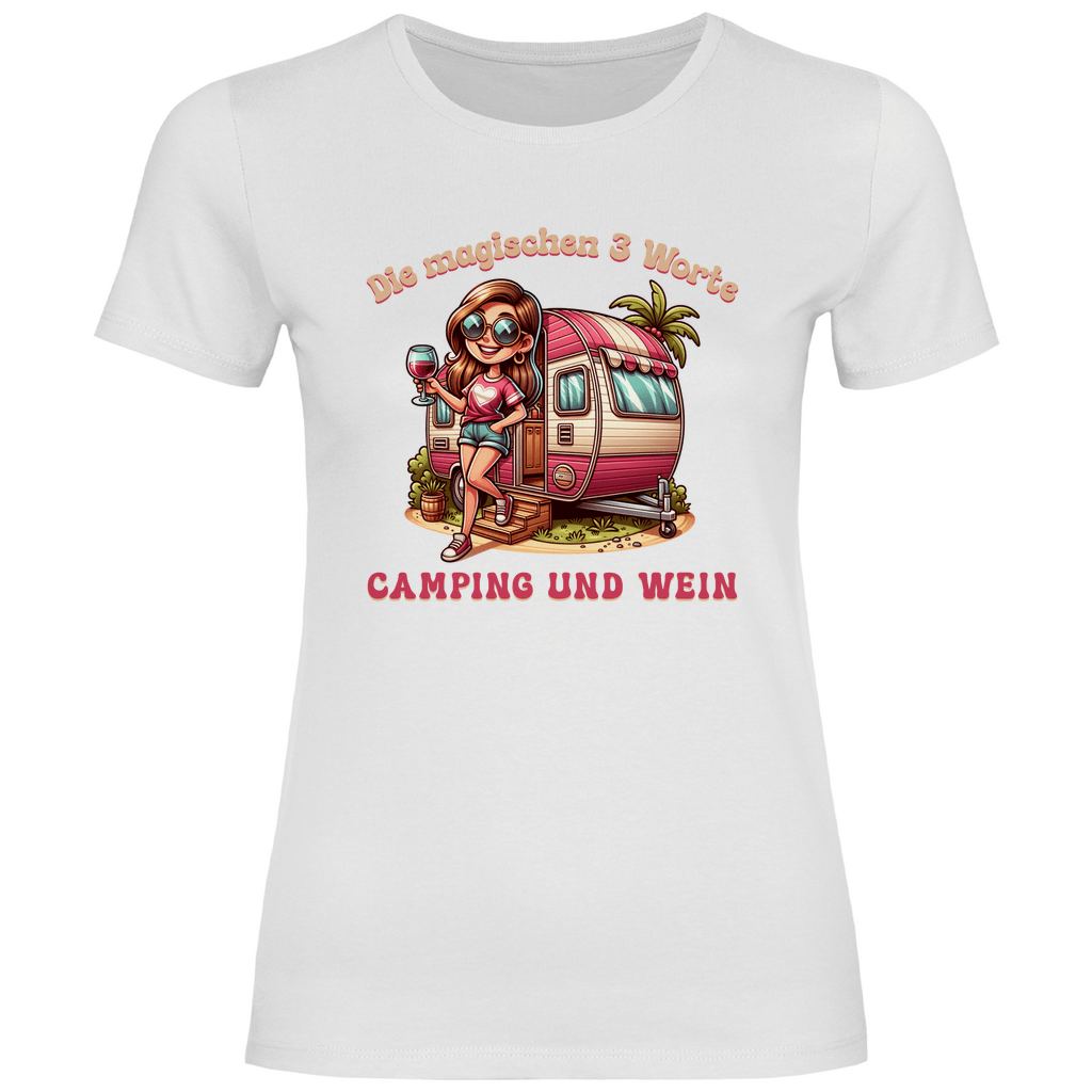 Die magischen 3 Worte: Camping & Wein - Frauen Shirt - Campingfamilie.de