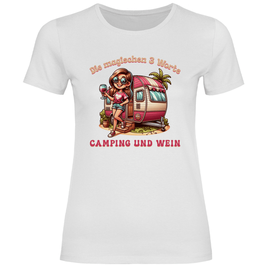 Die magischen 3 Worte: Camping & Wein - Frauen Shirt - Campingfamilie.de