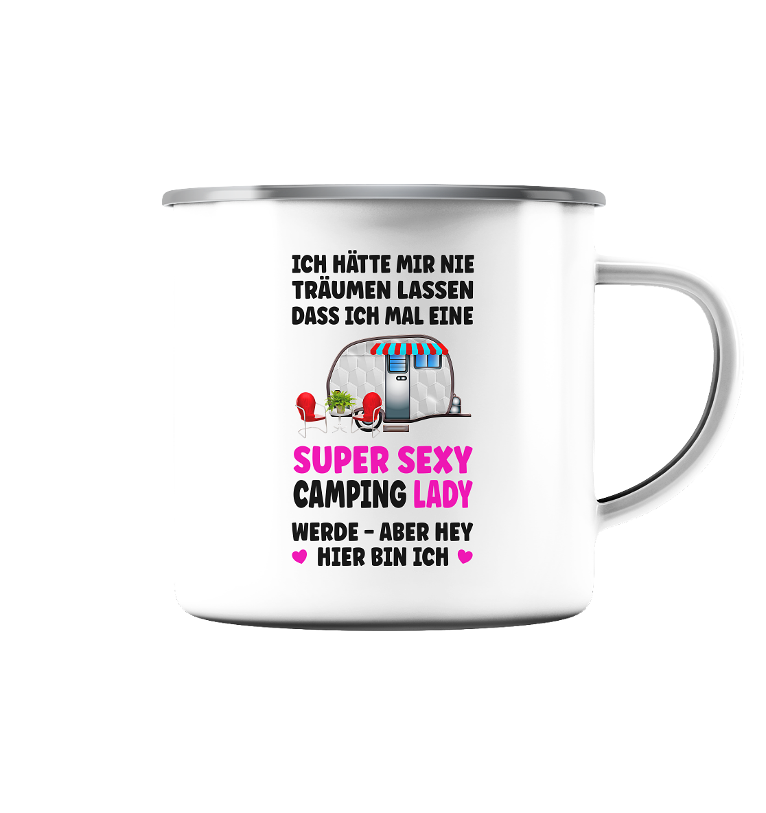 Super Sexy Camping Lady - Emaille Tasse (Silber)