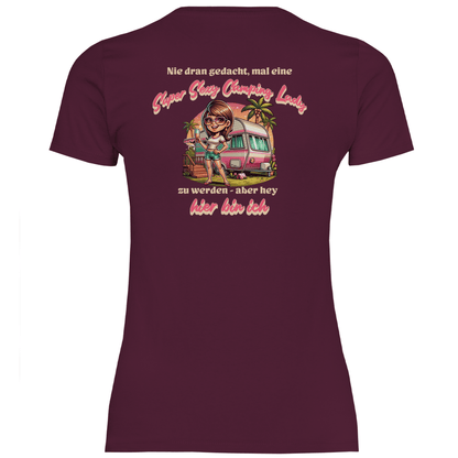 Super Sexy Camping Lady (Sekt) - Backprint Frauen Shirt - Campingfamilie.de
