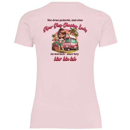 Super Sexy Camping Lady (Sekt) - Backprint Frauen Shirt - Campingfamilie.de