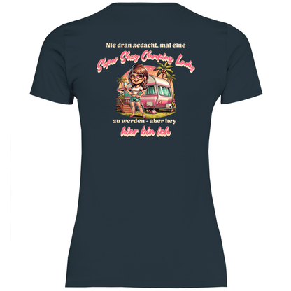 Super Sexy Camping Lady (Sekt) - Backprint Frauen Shirt - Campingfamilie.de