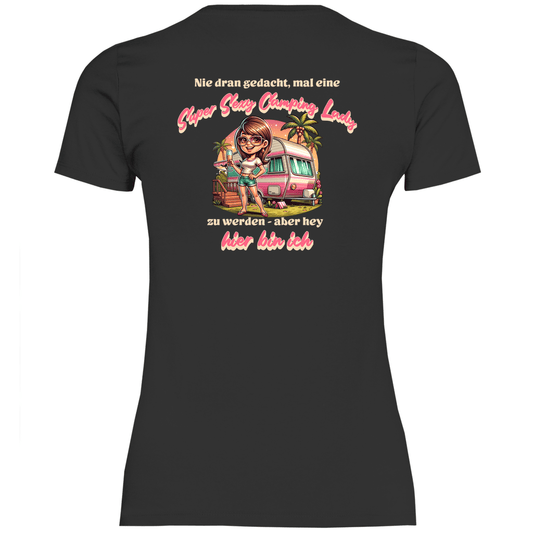 Super Sexy Camping Lady (Sekt) - Backprint Frauen Shirt - Campingfamilie.de