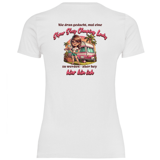 Super Sexy Camping Lady (Sekt) - Backprint Frauen Shirt - Campingfamilie.de