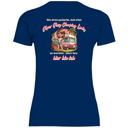 Super Sexy Camping Lady (Sekt) - Backprint Frauen Shirt - Campingfamilie.de