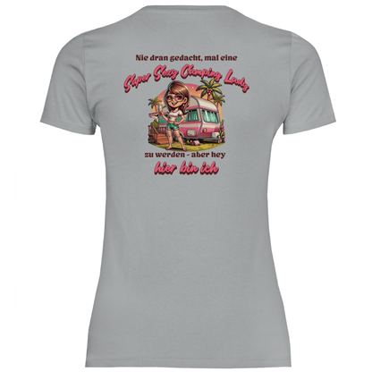 Super Sexy Camping Lady (Sekt) - Backprint Frauen Shirt - Campingfamilie.de