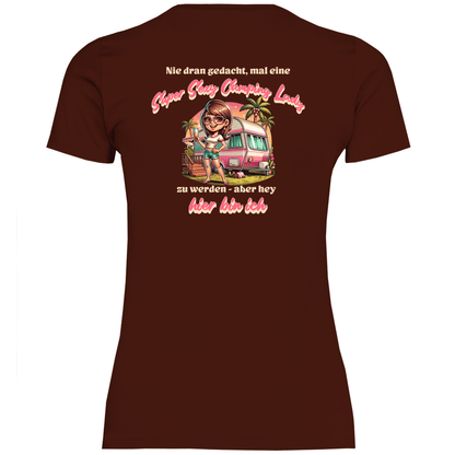Super Sexy Camping Lady (Sekt) - Backprint Frauen Shirt - Campingfamilie.de