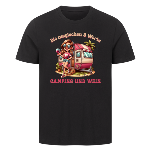 01a025e0-903b-71fe-a706-043f6dfdbabe.png Die magischen 3 Worte – Camping und Wein - T-Shirt für Camperinnen