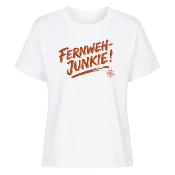 01a0ba0e-cadb-76ae-aad9-0e59c3621201.png Fernweh-Junkie - Vintage Brush Lettering mit Kompass | Shirt für Camperinnen