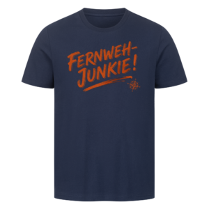 01a0ba0e-caf5-76d1-985c-1f525e75a320.png Fernweh-Junkie - Vintage Brush Lettering mit Kompass | Shirt für Camper