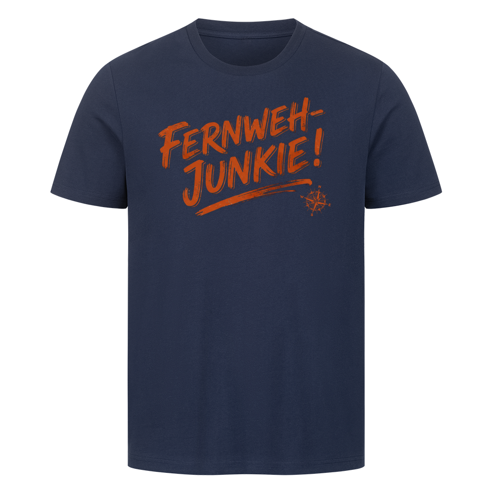 Fernweh-Junkie – Vintage Brush Lettering mit Kompass | Shirt für Camper